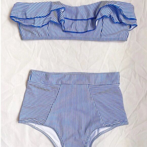 High Waisted Striped Bikini in White & Blue (M) - Picture 3 of 8